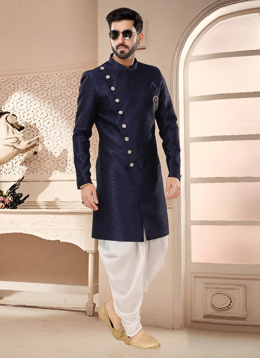 Fashion Sherwani For Men Embroidered Cotton Silk Sherwani In Black