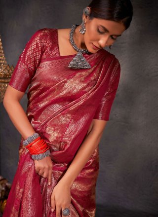 Woven Work Kanjivaram Silk Classic Sari In Maroon for Ceremonial