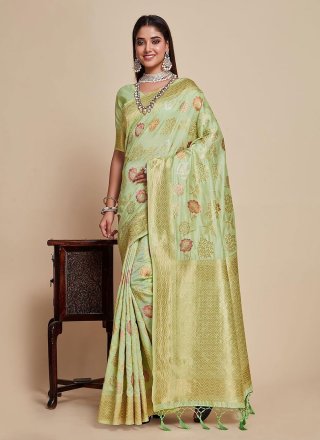 Woven Work Kanjivaram Silk Contemporary Saree In Green