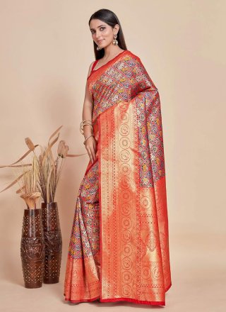 Woven Work Kanjivaram Silk Contemporary Saree In Red for Engagement
