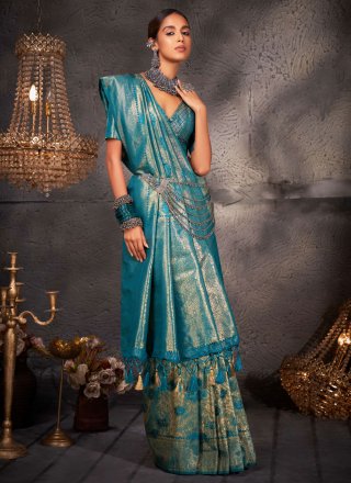 Woven Work Kanjivaram Silk Contemporary Saree In Turquoise
