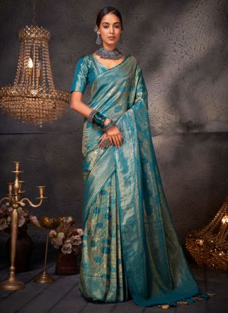Woven Work Kanjivaram Silk Contemporary Saree In Turquoise