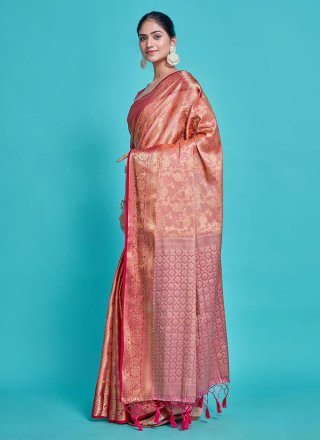 Woven Work Kanjivaram Silk Contemporary Sari In Peach for Engagement