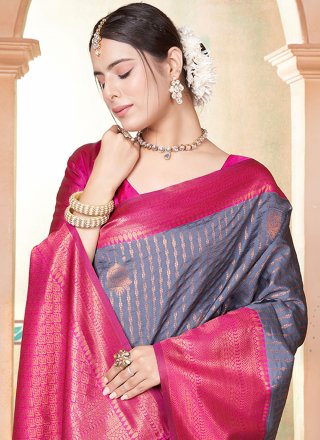 Woven Work Kanjivaram Silk Designer Sari In Blue and Pink