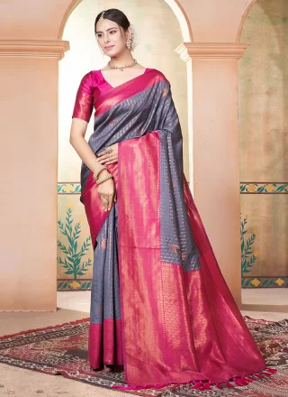 Woven Work Kanjivaram Silk Designer Sari In Blue and Pink