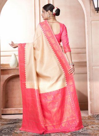 Woven Work Kanjivaram Silk Designer Sari In Cream and Pink