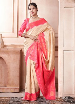 Woven Work Kanjivaram Silk Designer Sari In Cream and Pink