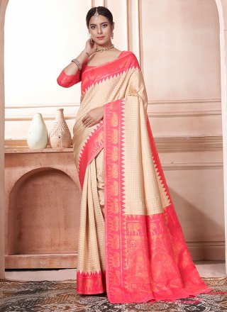 Woven Work Kanjivaram Silk Designer Sari In Cream and Pink