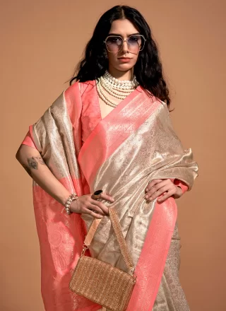 Woven Work Kanjivaram Silk Designer Sari In Peach