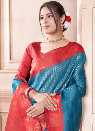 Woven Work Kanjivaram Silk Trendy Saree In Blue and Orange