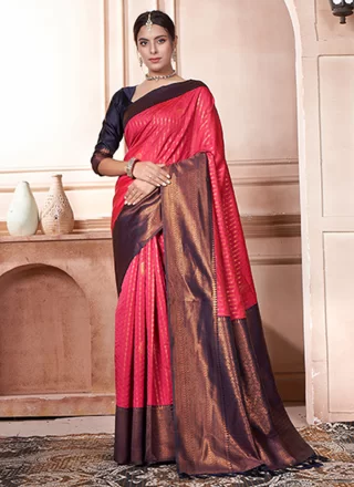 Woven Work Kanjivaram Silk Trendy Saree In Purple and Rani