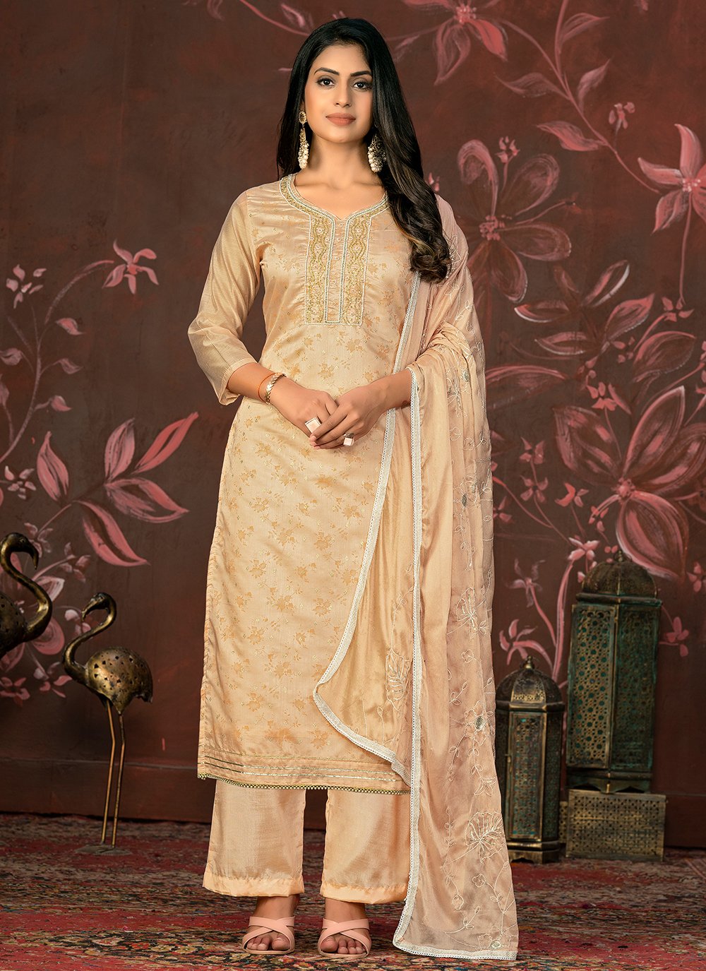 Buy Gold Banarasi Silk Salwar Suit (NWS-6421) Online
