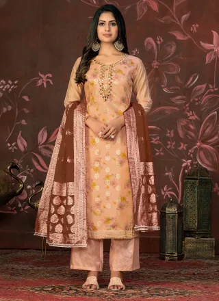 Woven Work Organza Designer In Peach for Ceremonial
