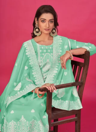 Woven Work Organza Designer In Sea Green