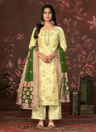 Woven Work Organza Designer In Yellow for Ceremonial
