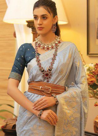 Woven Work Satin Classic Saree In Grey for Ceremonial