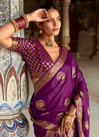 Woven Work Satin Silk Classic Saree In Purple for Ceremonial