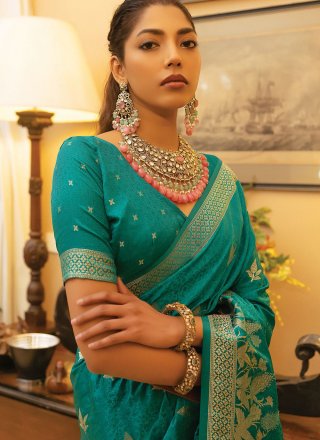 Woven Work Satin Trendy Saree In Teal for Ceremonial
