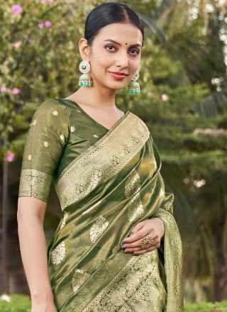 Woven Work Shimmer Classic Saree In Green