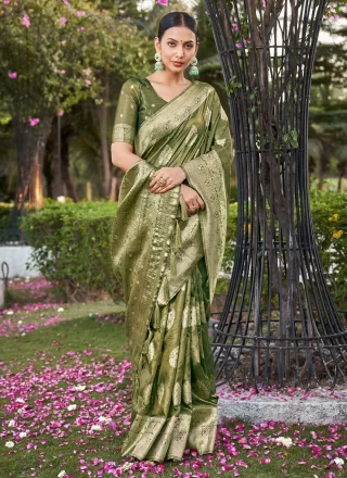 Woven Work Shimmer Classic Saree In Green