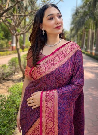 Woven Work Silk Casual Sari In Violet