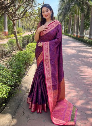 Woven Work Silk Casual Sari In Violet
