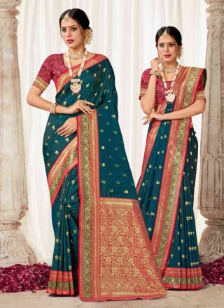 Woven Work Silk Classic Sari In Firozi