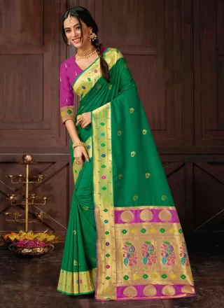 Woven Work Silk Classic Sari In Green