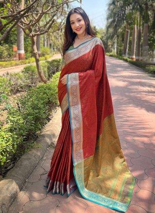 Woven Work Silk Classic Sari In Red for Casual