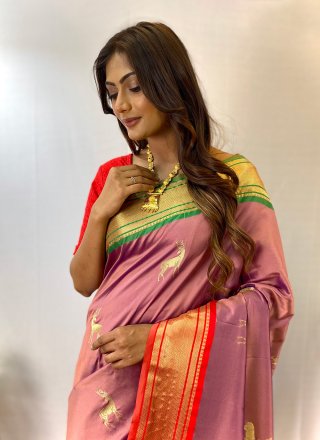 Woven Work Silk Contemporary Saree In Peach for Engagement