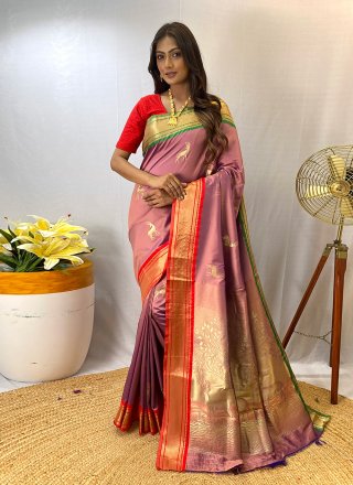 Woven Work Silk Contemporary Saree In Peach for Engagement