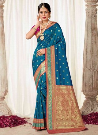 Woven Work Silk Contemporary Sari In Blue