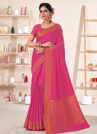 Woven Work Silk Contemporary Sari In Pink for Ceremonial