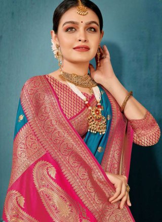 Woven Work Silk Designer Sari In Blue