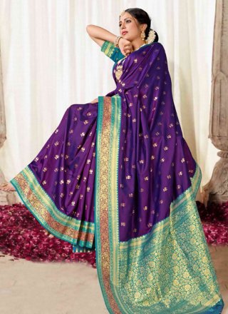 Woven Work Silk Designer Sari In Purple for Ceremonial