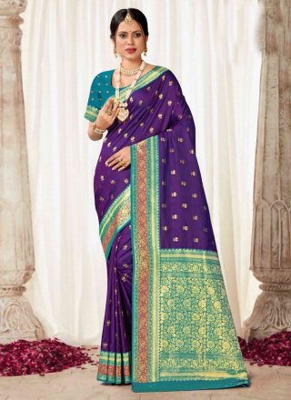 Woven Work Silk Designer Sari In Purple for Ceremonial