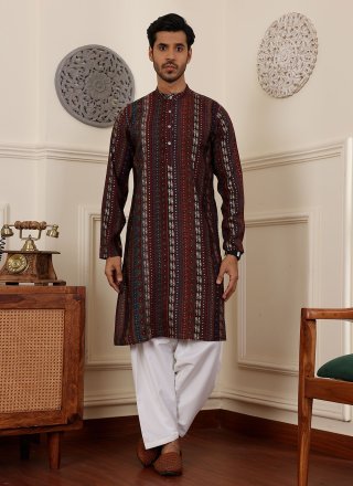 Woven Work Silk Kurta Pyjama In Multi Colour