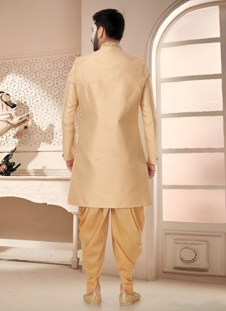 Woven Work Silk Sherwani Mens Wear In Gold for Ceremonial