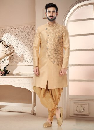 Woven Work Silk Sherwani Mens Wear In Gold for Ceremonial