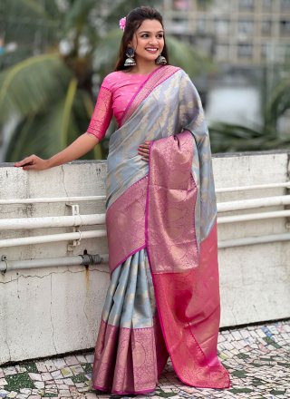 Woven Work Silk Traditional Saree In Blue for Ceremonial