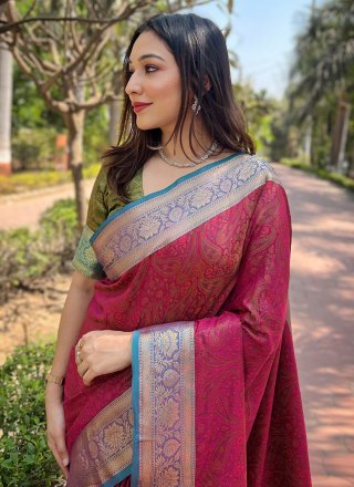 Woven Work Silk Trendy Saree In Pink