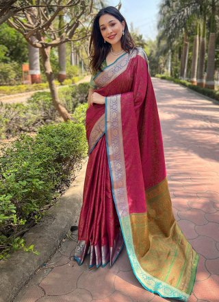 Woven Work Silk Trendy Saree In Pink