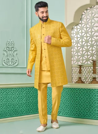 Yellow Art Banarasi Silk Indo Western with Embroidered and Mirror Work for Men