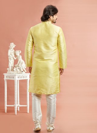 Yellow Art Banarasi Silk Kurta Pyjama with Machine Embroidery Work