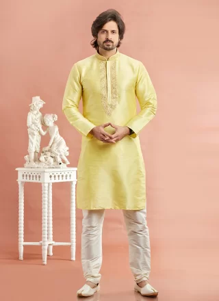 Yellow Art Banarasi Silk Kurta Pyjama with Machine Embroidery Work