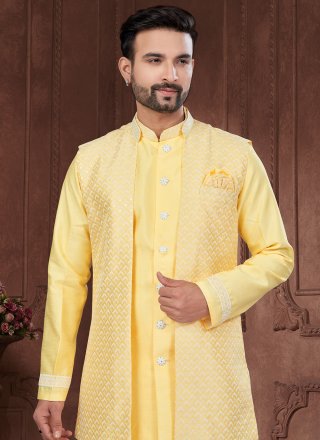 Yellow Art Silk Embroidered Work Indo Western Sherwani for Ceremonial