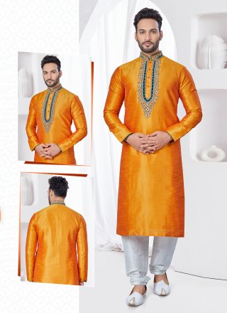 Yellow Art Silk Kurta Pyjama with Machine Embroidery Work for Men