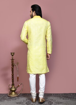 Yellow Art Silk Resham and Woven Work Kurta Pyjama for Men
