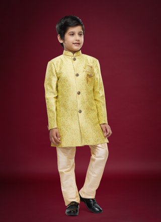 Yellow Banarasi Jacquard Sherwani Kids Wear