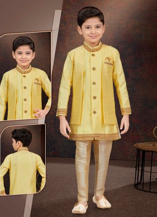 Yellow Banarasi Silk Buttons, Fancy, Machine Embroidery and Thread Work Sherwani Kids Wear